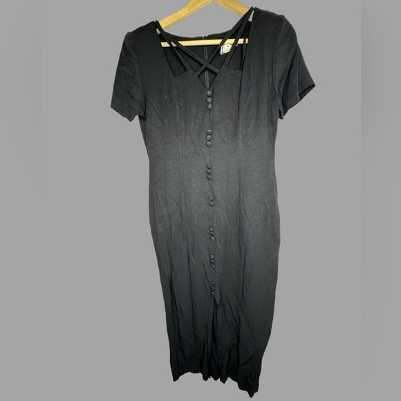 Vintage Dresses & Skirts - VNTG CrissCross Neckline MIDI Black Shoulder Pad Dress Size Small